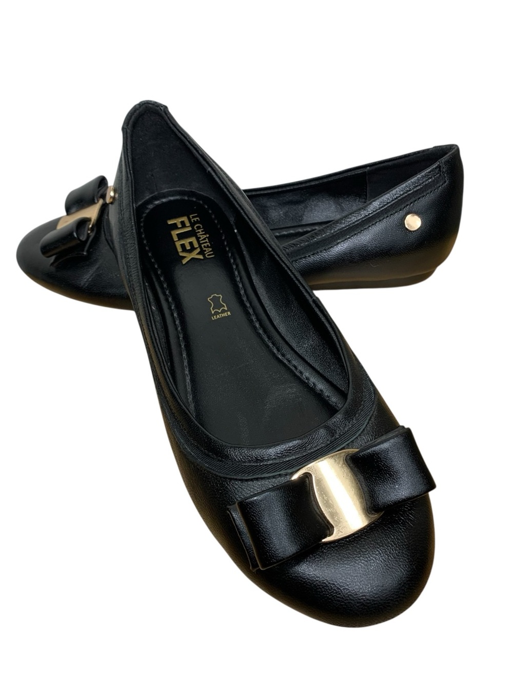 Black Leather Ballet Flats Sz 8 Feminine Bow Coquette Minimalist Slip on Shoes